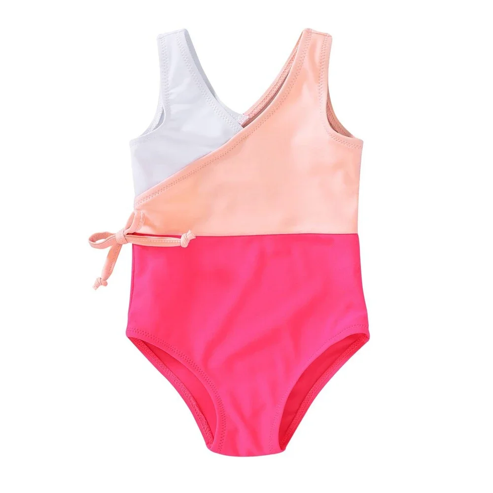 YOUNGER Toddler Red Pink TREE Girl One Piece Swimsuit Color Block Stripe 9-12M